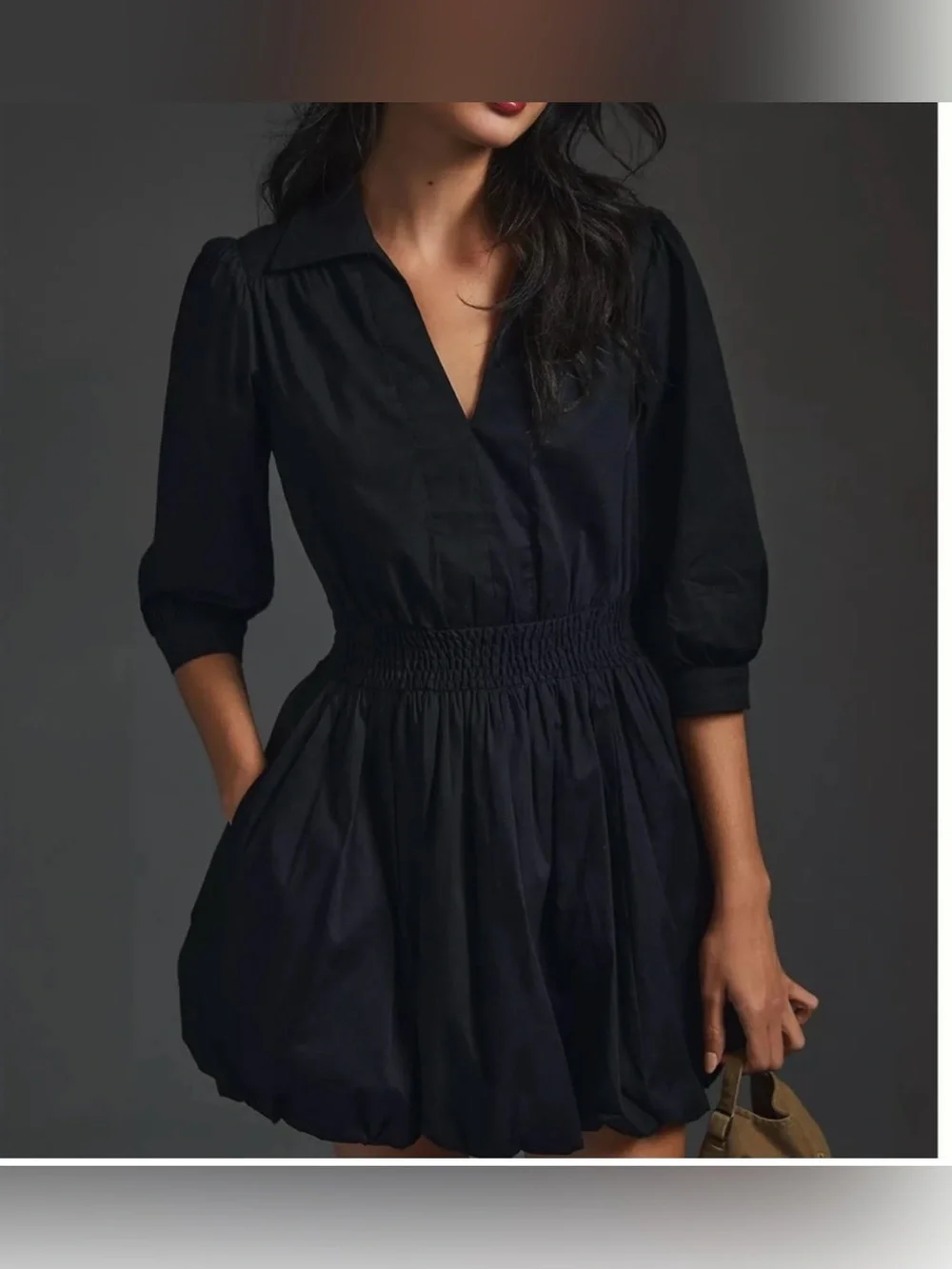 Free People Black Bubble Hem Mini Dress Smocked Waist Collared Cotton Size Small
